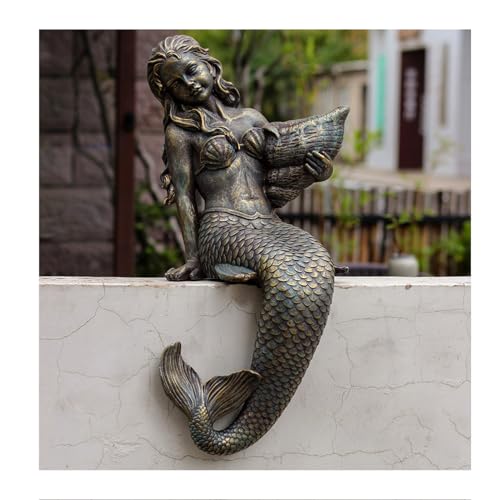 HEATPOWEOK Meerjungfrau Gartenstatue aus Harz - 50 cm große Outdoor-Figur (2,4 kg) | Wetterfeste & frostsichere Gartendeko für Terrasse, Balkon oder Teich | Handgefertigte Deko-Statue (Bronze Color) von HEATPOWEOK