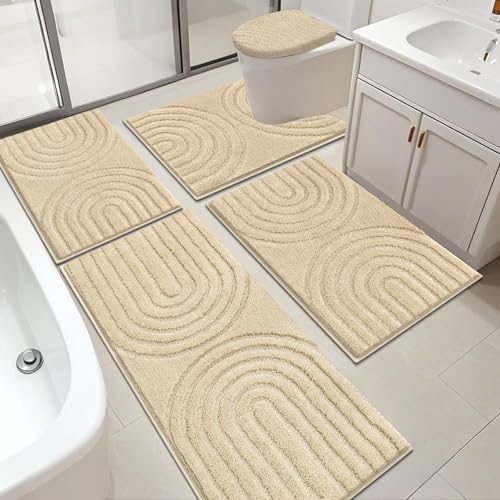 HEBE Badezimmerteppich-Set, 5-teilig, Plüsch, saugfähig, Badematten für Badezimmer, rutschfest, maschinenwaschbar, Badematten-Set mit WC-Abdeckung, Badläufer und U-förmigem Kontur-WC-Teppich, Beige von HEBE RUGS