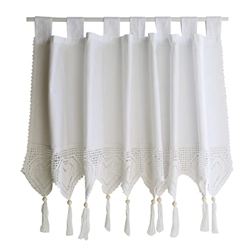 Boho Scheibengardine mit Fransen, rustikale Baumwollnähte, Spitze, Café, kurzer Vorhang für Badezimmer, Küche, Bistro, mit Schlaufe Oben, weiß (Size : WxH 150x45cm/59x18in) von HEBEHOME