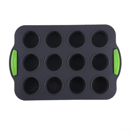 12 Löcher Silikon Muffinform Antihaft Cupcake Formen Backblech mit Griff und leicht zu reinigen (Grau) von HEBEOT