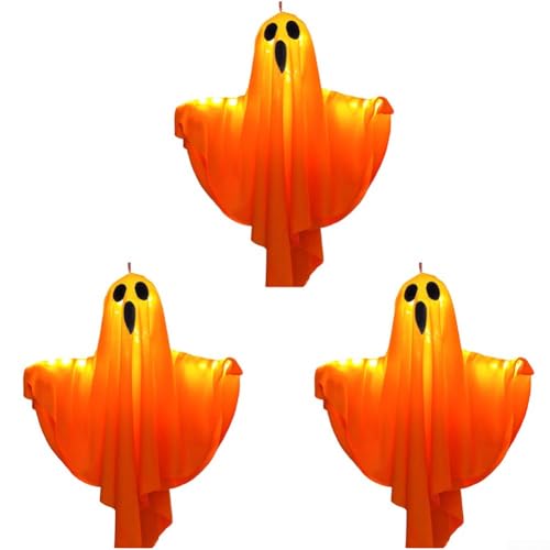 3er Set Halloween Hängende Warmweiße LED Lichter für Garten Terrasse Rasen Entworfen für den Außenbereich mit gruseligen Gesichtern Designs (Lichter in Orange) von HEBEOT