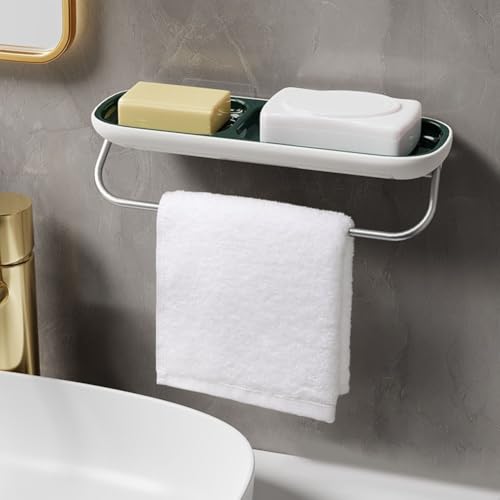 Duschregal ohne Bohren mit Handtuchstange und Badezimmerregal, wandmontierter Seifenhalter mit doppellagigem Design und Drainagesystem, um Seife trocken und organisiert zu halten (Minzgrün (Vangogh von HEBEOT