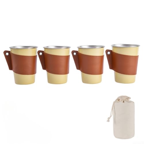 HEBEOT 4 x Edelstahlbecher, 350 ml, wiederverwendbar, Metall-Bierbecher, stapelbare Trinkbecher mit Leder-Getränkehalter für Party, Camping, Reisen, Wandern (E) von HEBEOT