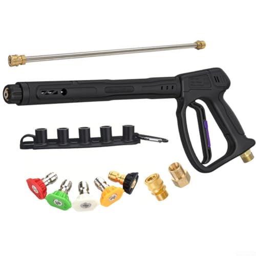 HEBEOT BrandName Hochdruckreiniger-Pistole 400 bar 360° Drehgelenk Edelstahl Messing Sicherheitsverriegelung Auslöser Zwei Verlängerungslängen 12/26/41 5 QC Sprühspitzen Ergonomischer Griff von HEBEOT