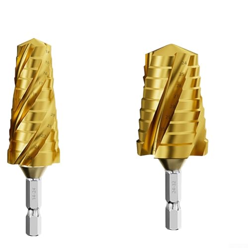 HEBEOT Stufenbohrer, 4 Nuten, Spiralnuten, Stufenbohrer mit klarer Größenmarkierung, reduziertes Reibungsdesign für Metall, Holz, Lochschneider (Gold) von HEBEOT