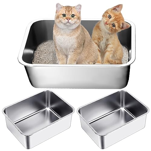 3 Stück Katzentoilette Mittlere bis große, Katzentoilette aus Edelstahl Robuste Katzentoilette Große Box Litter Box Katzenklo Nimmt Niemals Gerüche auf für Häschen Katze, Rostfreier Stahl, 50*35*15cm von HEBERUCK