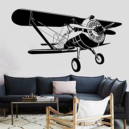 HEBIQUAN Flugzeug Retro Doppeldecker Vinyl Wandtattoo Teenager Flugzeug Liebhaber Zuhause Wohnzimmer Innendekoration Aufkleber Wandbild, Nr. 1 Schwarz, 100 x 57 cm von HEBIQUAN