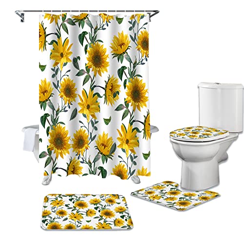 HEBIQUAN Sonnenblume Textur Vintage Badezimmer Duschvorhang Duschmatte Duschvorleger Set Toilettenabdeckung Bodenmatte Badezimmerzubehör von HEBIQUAN