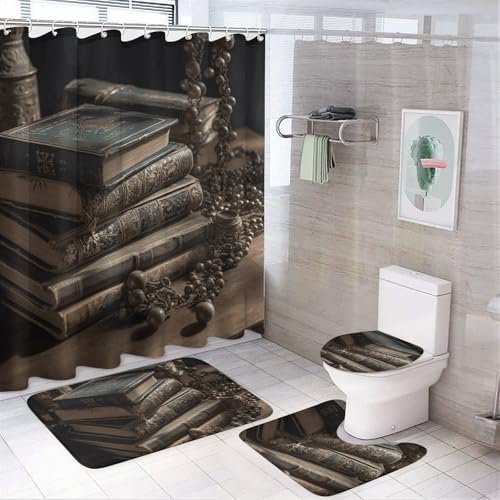 HEBVNJF 4-teiliges Badezimmer-Duschvorhang-Set, Badezimmer-Dekor-Set mit rutschfesten Teppichen, WC-Deckelbezug und Badematte, Badezimmer-Dusch-Set von HEBVNJF
