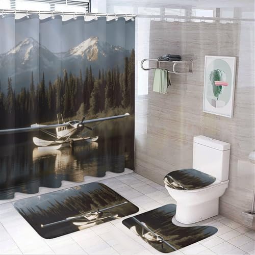 HEBVNJF 4-teiliges Badezimmer-Duschvorhang-Set, Motiv: Flugzeug auf dem See, Badezimmer-Dekor-Set mit rutschfesten Teppichen, WC-Deckelbezug und Badematte, Badezimmer-Dusch-Set von HEBVNJF
