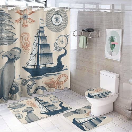 HEBVNJF 4-teiliges Badezimmer-Duschvorhang-Set, Motiv: Leuchtturm, Segelboot, Oktopus, Badezimmer-Dekor-Set mit rutschfesten Teppichen, WC-Deckelbezug und Badematte, Badezimmer-Dusch-Set von HEBVNJF
