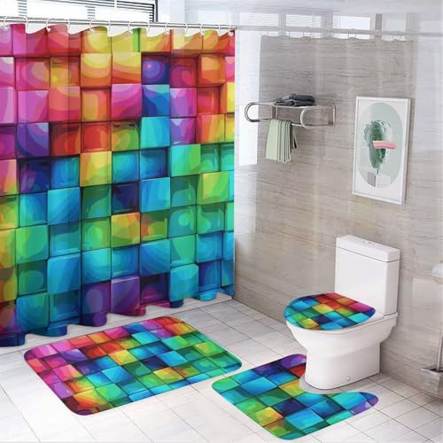 HEBVNJF 4-teiliges Badezimmer-Duschvorhang-Set, Regenbogenfarben, kariert, Badezimmer-Dekor-Set mit rutschfesten Teppichen, WC-Deckelbezug und Badematte, Badezimmer-Dusch-Set von HEBVNJF