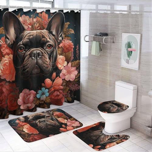 HEBVNJF 4-teiliges Badezimmer-Duschvorhang-Set mit Bulldogge und Blumen, Badezimmer-Dekor-Set mit rutschfesten Teppichen, WC-Deckelbezug und Badematte, Badezimmer-Dusch-Set von HEBVNJF