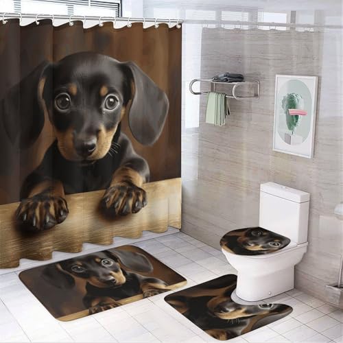 HEBVNJF 4-teiliges Badezimmer-Duschvorhang-Set mit Dackel, Badezimmer-Dekor-Set mit rutschfesten Teppichen, WC-Deckelbezug und Badematte, Badezimmer-Dusch-Set von HEBVNJF