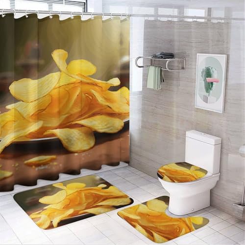HEBVNJF 4-teiliges Badezimmer-Duschvorhang-Set mit Kartoffelchips, Badezimmer-Dekor-Set mit rutschfesten Teppichen, WC-Deckelbezug und Badematte, Badezimmer-Dusch-Set von HEBVNJF