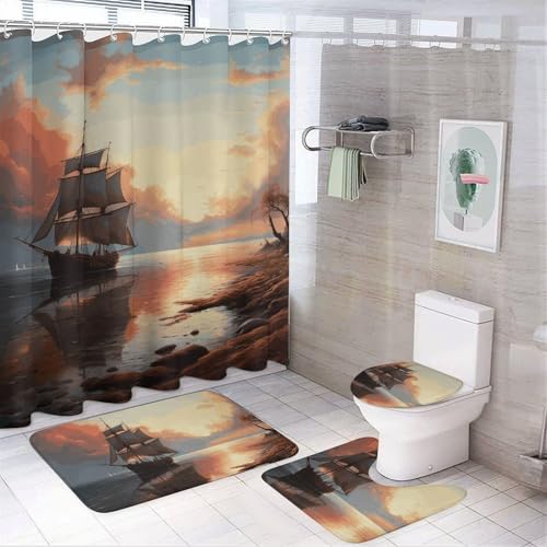 HEBVNJF 4-teiliges Badezimmer-Duschvorhang-Set mit Segelboot-Landschaft, Badezimmer-Dekor-Set mit rutschfesten Teppichen, WC-Deckelbezug und Badematte, Badezimmer-Dusch-Set von HEBVNJF