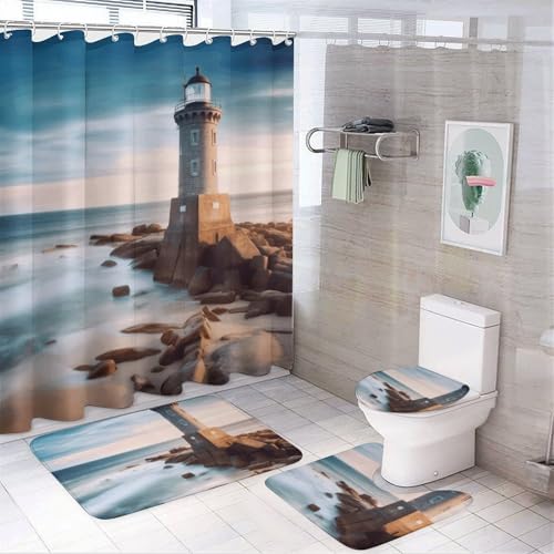 HEBVNJF 4-teiliges Badezimmer-Duschvorhang-Set mit Strand-Leuchtturm, Badezimmer-Dekor-Set mit rutschfesten Teppichen, WC-Deckelbezug und Badematte, Badezimmer-Dusch-Set HEBVNJF 4-teiliges Badezimmer-Duschvorhang-Set mit Strand-Leuchtturm, Badezimmer-Dekor-Set mit rutschfesten Teppichen, WC-Deckelbezug und Badematte, Badezimmer-Dusch-Set von HEBVNJF