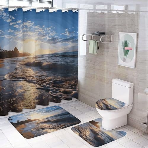 HEBVNJF 4-teiliges Badezimmer-Duschvorhang-Set mit Strandblick, Badezimmer-Dekor-Set mit rutschfesten Teppichen, WC-Deckelbezug und Badematte, Badezimmer-Dusch-Set von HEBVNJF
