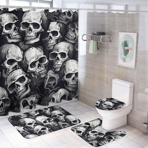 HEBVNJF 4-teiliges Badezimmer-Duschvorhang-Set mit Totenkopf-Muster, Badezimmer-Dekor-Set mit rutschfesten Teppichen, WC-Deckelbezug und Badematte, Badezimmer-Dusch-Set von HEBVNJF