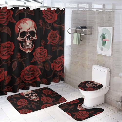 HEBVNJF 4-teiliges Badezimmer-Duschvorhang-Set mit Totenkopf-Rose, Badezimmer-Dekor-Set mit rutschfesten Teppichen, WC-Deckelbezug und Badematte, Badezimmer-Dusch-Set von HEBVNJF