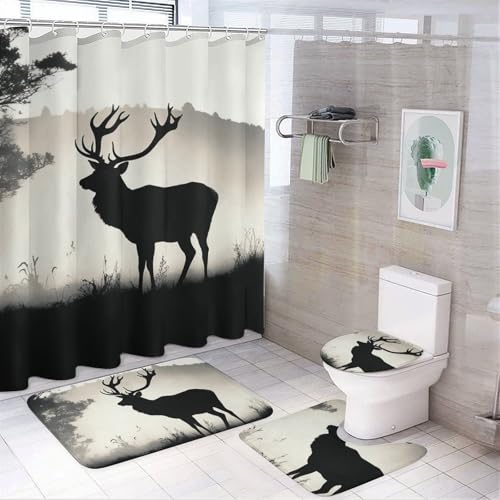 HEBVNJF 4-teiliges Badezimmer-Duschvorhang-Set mit Wildtier-Silhouette, Badezimmer-Dekor-Set mit rutschfesten Teppichen, WC-Deckelbezug und Badematte, Badezimmer-Dusch-Set von HEBVNJF