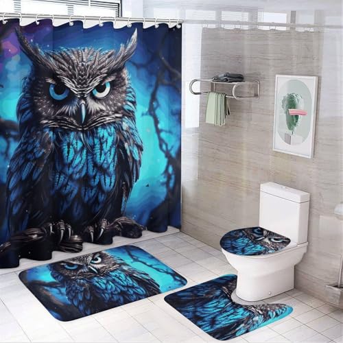 HEBVNJF 4-teiliges Badezimmer-Duschvorhang-Set mit blauen Eulen, Badezimmer-Dekor-Set mit rutschfesten Teppichen, WC-Deckelbezug und Badematte, Badezimmer-Dusch-Set von HEBVNJF