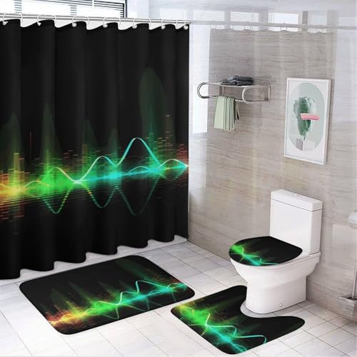 HEBVNJF 4-teiliges Badezimmer-Duschvorhang-Set mit coolen Musikgeräuschen, Badezimmer-Dekor-Set mit rutschfesten Teppichen, WC-Deckelbezug und Badematte, Badezimmer-Dusch-Set von HEBVNJF