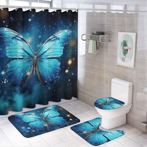 HEBVNJF Blauer Sternenhimmel 4-teiliges Badezimmer-Duschvorhang-Set, Badezimmer-Dekor-Set mit rutschfesten Teppichen, WC-Deckelbezug und Badematte, Badezimmer-Dusch-Set von HEBVNJF