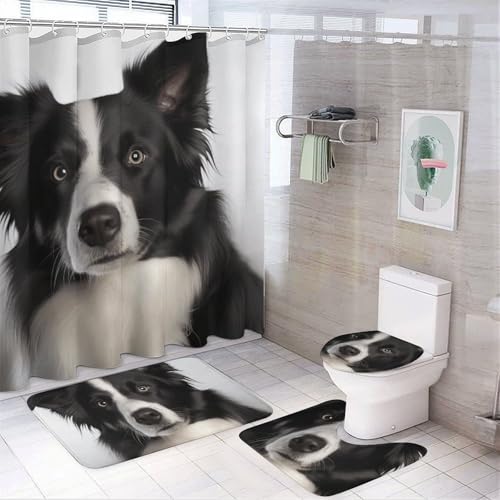 HEBVNJF Border Collie 4-teiliges Badezimmer-Duschvorhang-Set, Badezimmer-Dekor-Set mit rutschfesten Teppichen, WC-Deckelbezug und Badematte, Badezimmer-Dusch-Set von HEBVNJF
