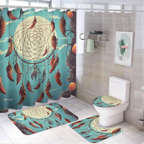 HEBVNJF Catch Dream Net 4-teiliges Badezimmer-Duschvorhang-Set, Badezimmer-Dekor-Set mit rutschfesten Teppichen, WC-Deckelbezug und Badematte, Badezimmer-Dusch-Set von HEBVNJF