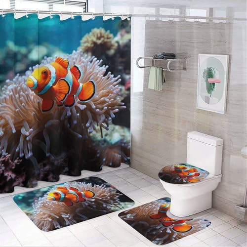 HEBVNJF Clownfisch-Duschvorhang-Set, Badezimmer-Dekor-Set mit rutschfesten Teppichen, WC-Deckelbezug und Badematte, 4-teiliges Set von HEBVNJF