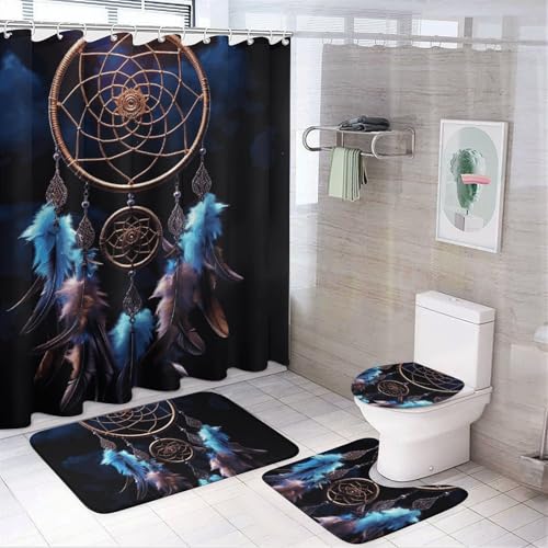HEBVNJF Dream Catcher 4-teiliges Badezimmer-Duschvorhang-Set, Badezimmer-Dekor-Set mit rutschfesten Teppichen, WC-Deckelbezug und Badematte, Badezimmer-Dusch-Set von HEBVNJF