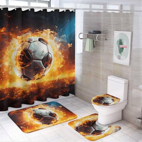 HEBVNJF Duschvorhang-Set, Motiv: Burning Soccer Ball, Badezimmer-Dekor-Set mit rutschfesten Teppichen, WC-Deckelbezug und Badematte, Badezimmer-Dusch-Set, 4-teilig von HEBVNJF