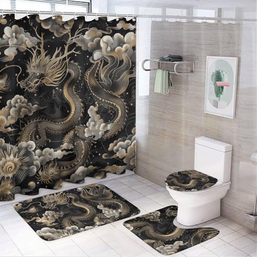HEBVNJF Duschvorhang-Set mit schwarzem chinesischem Drachen, 4-teilig, Badezimmer-Dekor-Set mit rutschfesten Teppichen, WC-Deckelbezug und Badematte, Badezimmer-Dusch-Set von HEBVNJF