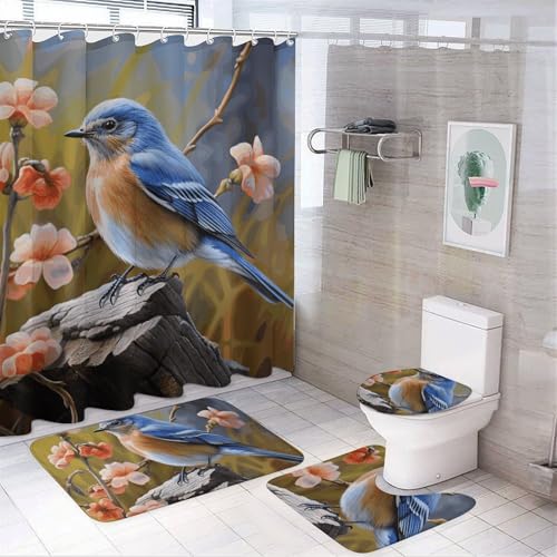 HEBVNJF Eastern Bluebird 4-teiliges Badezimmer-Duschvorhang-Set, Badezimmer-Dekor-Set mit rutschfesten Teppichen, WC-Deckelbezug und Badematte, Badezimmer-Dusch-Set von HEBVNJF