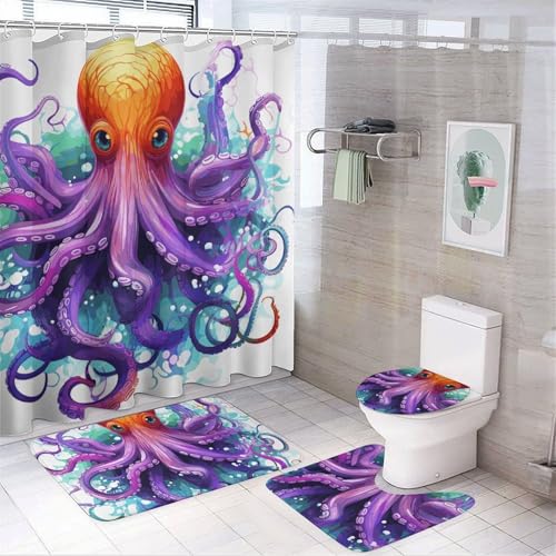 HEBVNJF Farbenfrohes Oktopus-Badezimmer-Duschvorhang-Set, Badezimmer-Dekor-Set mit rutschfesten Teppichen, WC-Deckelbezug und Badematte, Badezimmer-Dusch-Set, 4-teilig von HEBVNJF