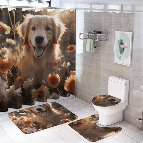 HEBVNJF Golden Retriever und Blumen 4-teiliges Badezimmer-Duschvorhang-Set, Badezimmer-Dekor-Set mit rutschfesten Teppichen, WC-Deckelbezug und Badematte, Badezimmer-Dusch-Set von HEBVNJF
