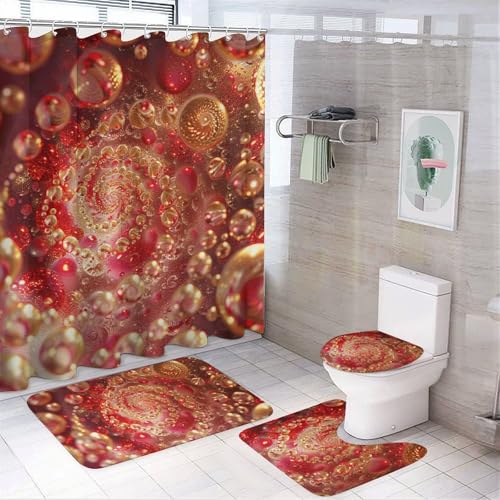 HEBVNJF Goldene Spiralblasen 4-teiliges Badezimmer-Duschvorhang-Set, Badezimmer-Dekor-Set mit rutschfesten Teppichen, WC-Deckelbezug und Badematte, Badezimmer-Dusch-Set von HEBVNJF