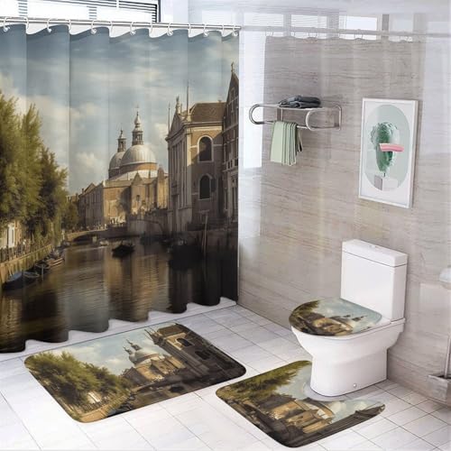 HEBVNJF K und Kirche 4-teiliges Badezimmer-Duschvorhang-Set, Badezimmer-Dekor-Set mit rutschfesten Teppichen, WC-Deckelbezug und Badematte, Badezimmer-Dusch-Set HEBVNJF K und Kirche 4-teiliges Badezimmer-Duschvorhang-Set, Badezimmer-Dekor-Set mit rutschfesten Teppichen, WC-Deckelbezug und Badematte, Badezimmer-Dusch-Set von HEBVNJF