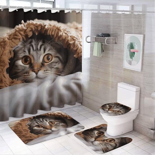 HEBVNJF Katzen-Unterdecke, 4-teiliges Badezimmer-Duschvorhang-Set, Badezimmer-Dekor-Set mit rutschfesten Teppichen, WC-Deckelbezug und Badematte, Badezimmer-Dusch-Set von HEBVNJF