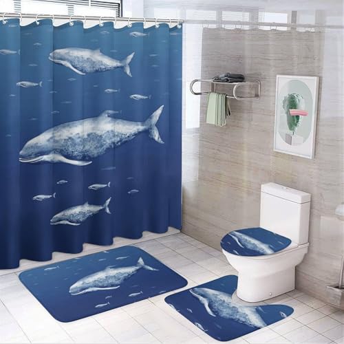 HEBVNJF Kleiner blauer Wal schwimmender 4-teiliges Badezimmer-Duschvorhang-Set, Badezimmer-Dekor-Set mit rutschfesten Teppichen, WC-Deckelbezug und Badematte, Badezimmer-Dusch-Set von HEBVNJF