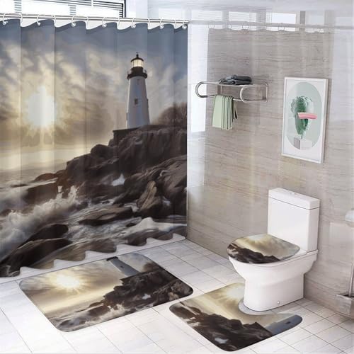 HEBVNJF Lighthouse Rocks Seaside 4-teiliges Badezimmer-Duschvorhang-Set, Badezimmer-Dekor-Set mit rutschfesten Teppichen, WC-Deckelbezug und Badematte, Badezimmer-Dusch-Set von HEBVNJF