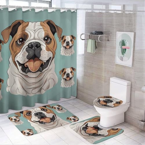 HEBVNJF Lustiges Duschvorhang-Set mit englischen Bulldoggen, 4-teilig, Badezimmer-Dekor-Set mit rutschfesten Teppichen, WC-Deckelbezug und Badematte, Badezimmer-Dusch-Set von HEBVNJF