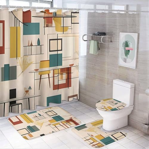 HEBVNJF Mid Century Modernes Badezimmer-Duschvorhang-Set, Badezimmer-Dekor-Set mit rutschfesten Teppichen, WC-Deckelbezug und Badematte, Badezimmer-Dusch-Set, 4-teilig HEBVNJF Mid Century Modernes Badezimmer-Duschvorhang-Set, Badezimmer-Dekor-Set mit rutschfesten Teppichen, WC-Deckelbezug und Badematte, Badezimmer-Dusch-Set, 4-teilig von HEBVNJF