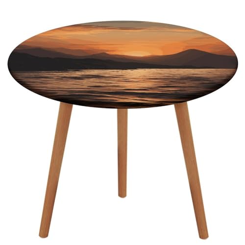 HEBVNJF Runde Tischdecke mit elastischem Rand, Stretch, Berge und Wasser bei Sonnenuntergang, wasserdichte Picknicktischabdeckung für runde Tische, Esszimmer von HEBVNJF