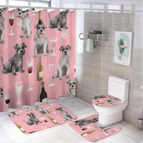HEBVNJF Schnauzer 4-teiliges Badezimmer-Duschvorhang-Set, Badezimmer-Dekor-Set mit rutschfesten Teppichen, WC-Deckelbezug und Badematte, Badezimmer-Dusch-Set von HEBVNJF