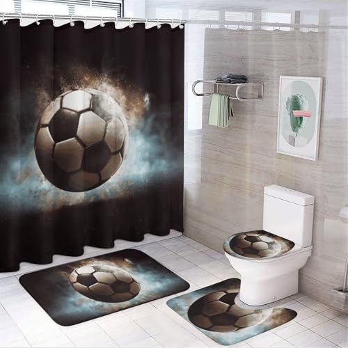 HEBVNJF Sport Soccer 4-teiliges Badezimmer-Duschvorhang-Set, Badezimmer-Dekor-Set mit rutschfesten Teppichen, WC-Deckelbezug und Badematte, Badezimmer-Dusch-Set von HEBVNJF