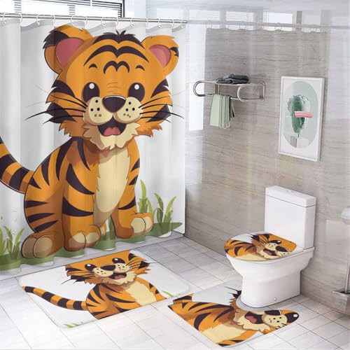 HEBVNJF Spotted Tiger 4-teiliges Badezimmer-Duschvorhang-Set, Badezimmer-Dekor-Set mit rutschfesten Teppichen, WC-Deckelbezug und Badematte, Badezimmer-Dusch-Set von HEBVNJF