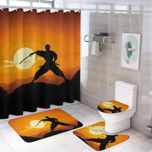 HEBVNJF Sun Karate Silhouette, 4-teiliges Badezimmer-Duschvorhang-Set, Badezimmer-Dekor-Set mit rutschfesten Teppichen, WC-Deckelbezug und Badematte, Badezimmer-Dusch-Set von HEBVNJF