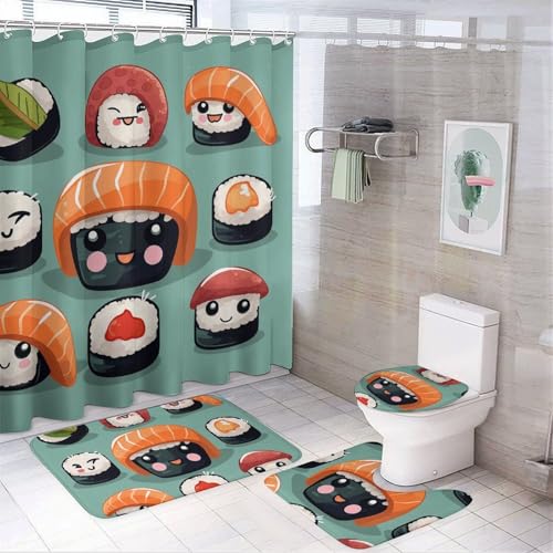 HEBVNJF Sushi 4-teiliges Badezimmer-Duschvorhang-Set, Badezimmer-Dekor-Set mit rutschfesten Teppichen, WC-Deckelbezug und Badematte, Badezimmer-Dusch-Set von HEBVNJF